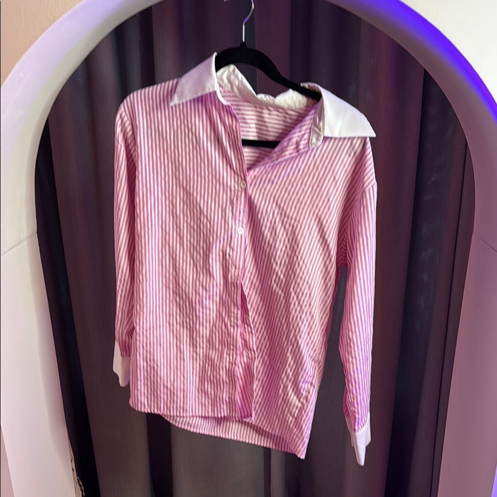 Pink and White Striped Button-Up Shirt